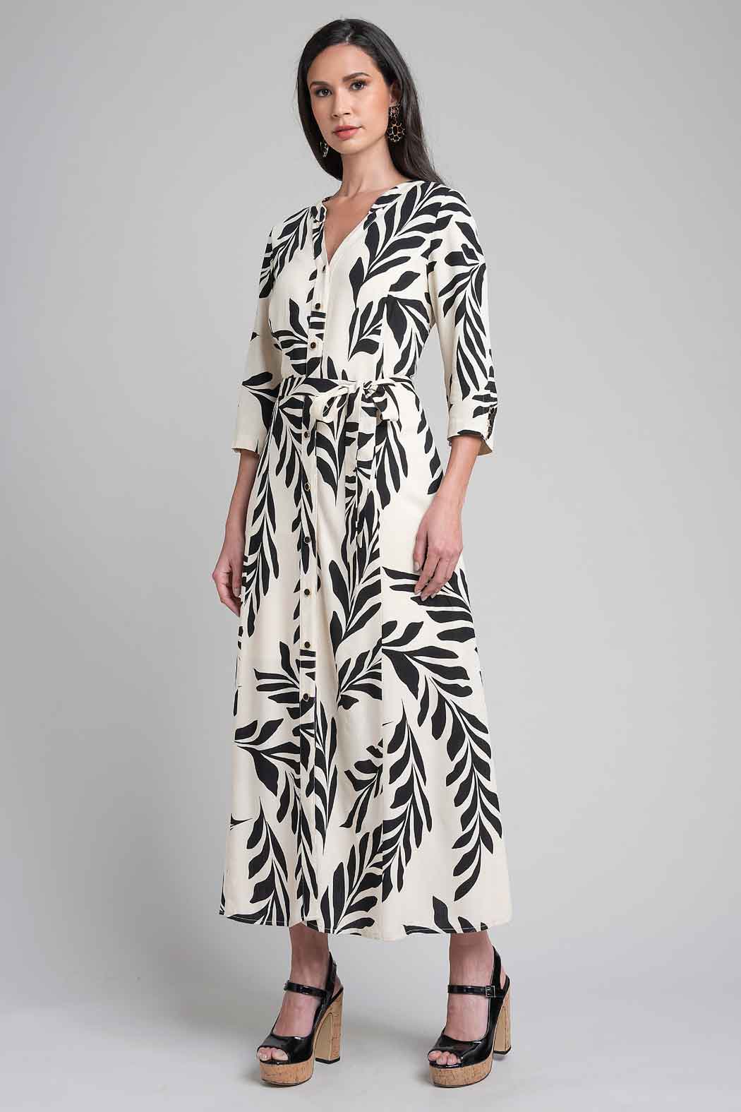 Maxi Vestido Camisero Estampado De Hojas