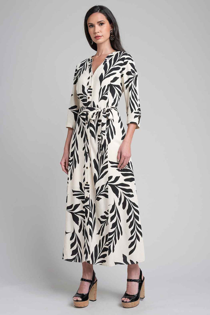 Maxi Vestido Camisero Estampado De Hojas