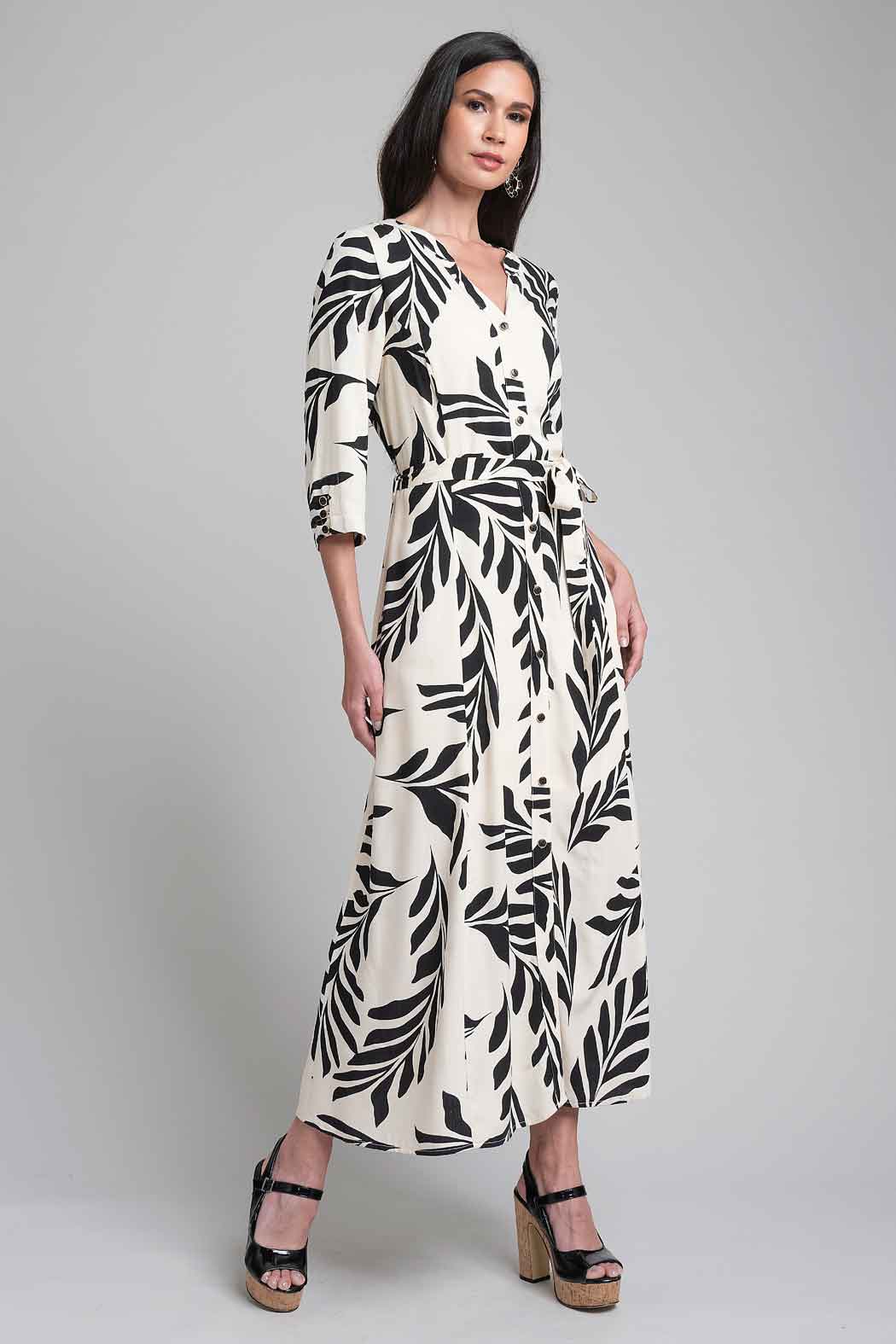 Maxi Vestido Camisero Estampado De Hojas