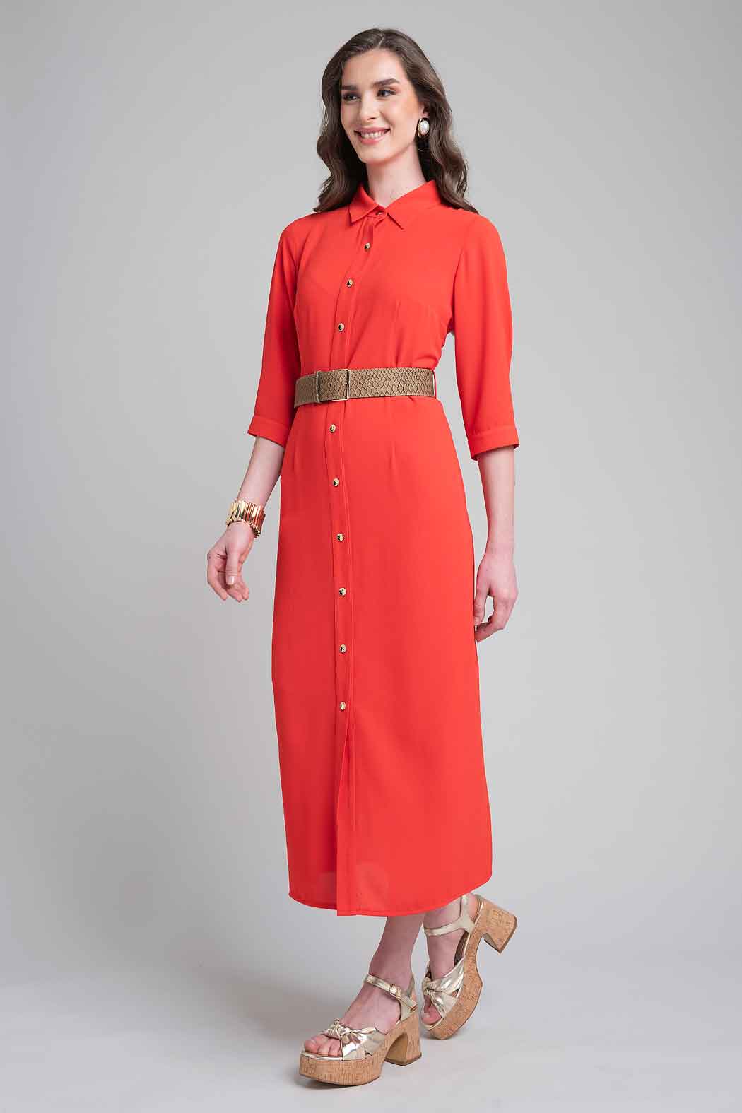 Vestido Camisero Liso Con Cinturon