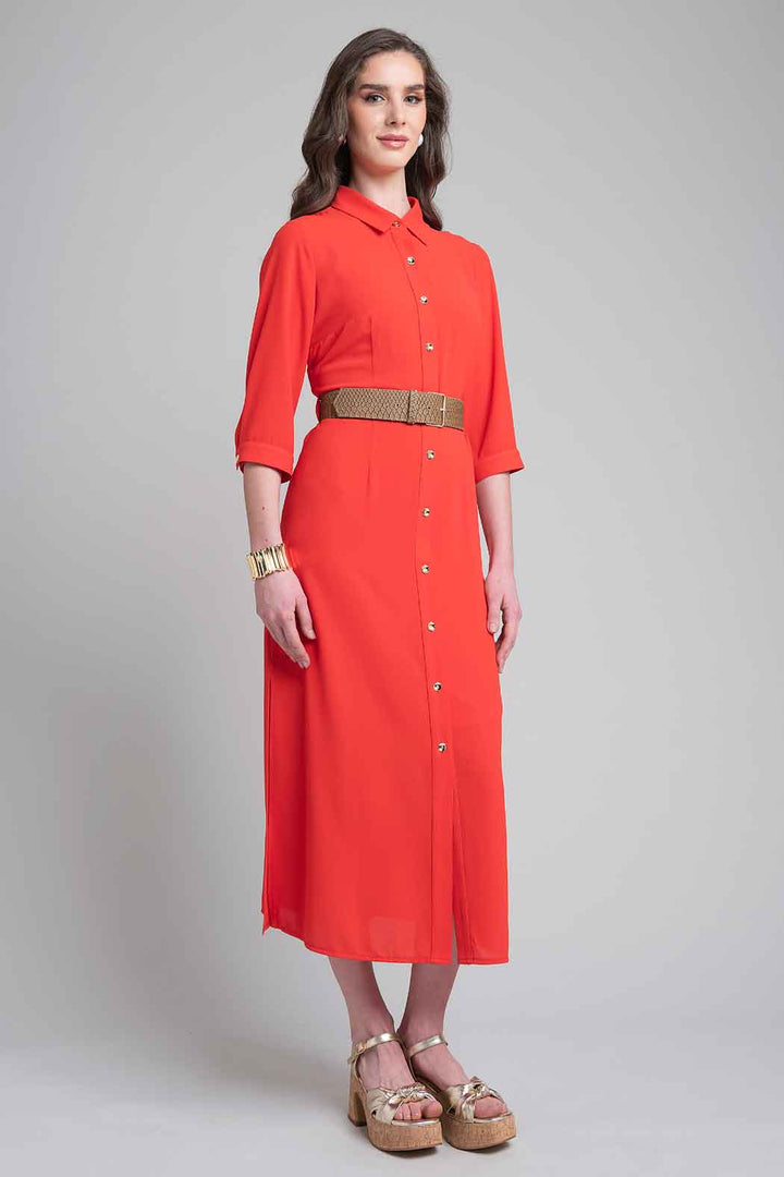 Vestido Camisero Liso Con Cinturon