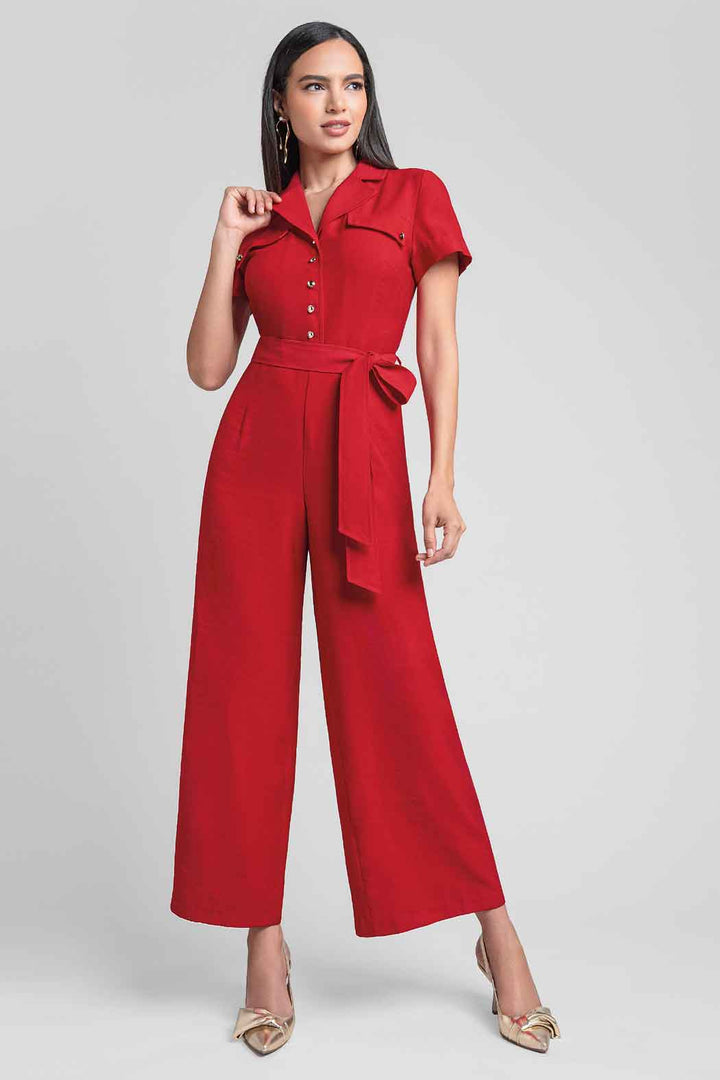 Jumpsuit Liso Con Manga Corta Y Jareta En Cintura