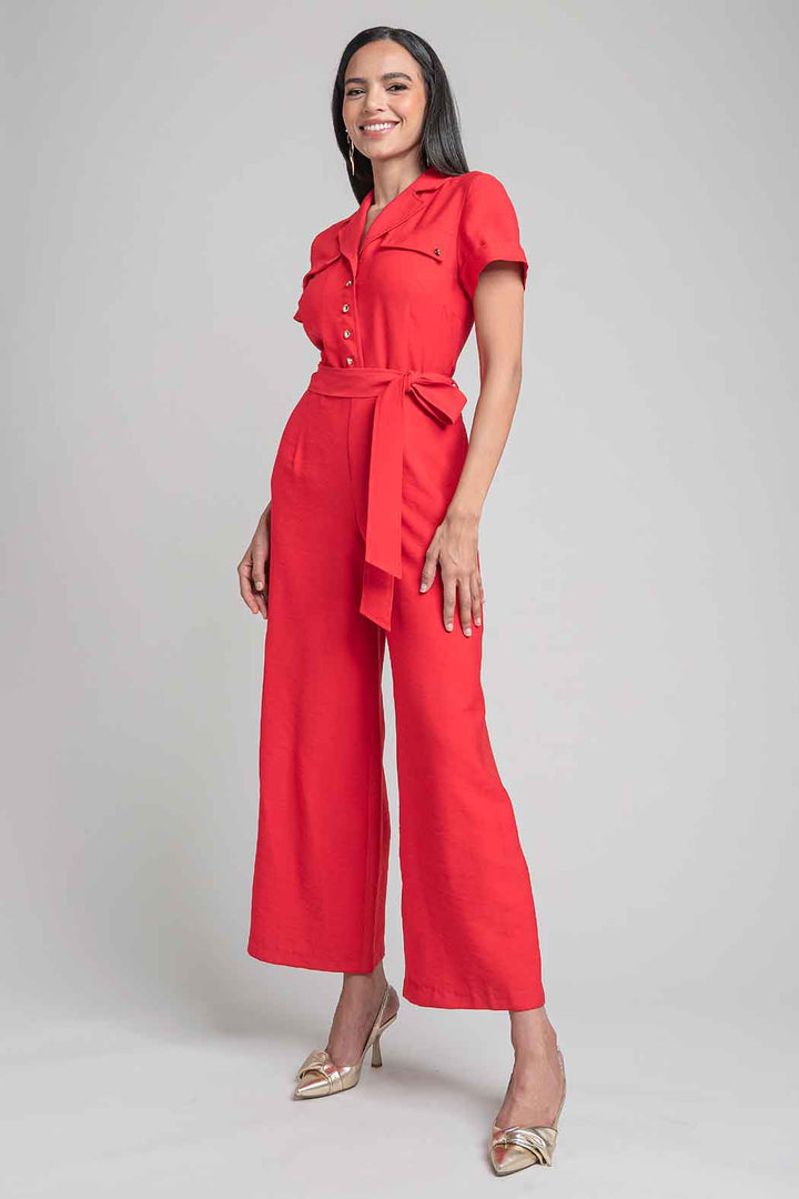 Jumpsuit Liso Con Manga Corta Y Jareta En Cintura