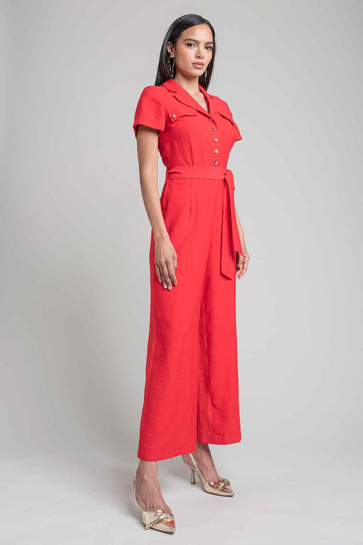 Jumpsuit Liso Con Manga Corta Y Jareta En Cintura