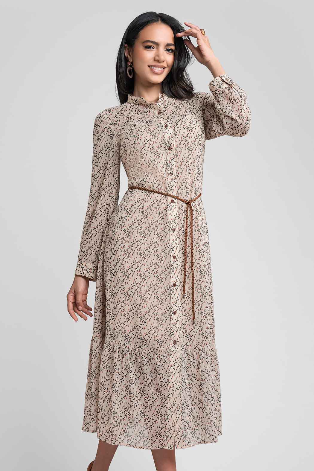 Maxi Vestido Camisero Con Manga Larga