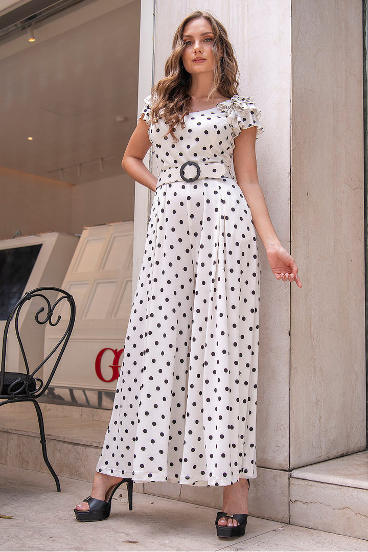 Jumpsuit Estampado De Lunares Y Olanes En Mangas