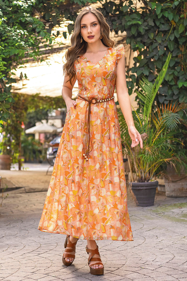 Vestido Largo Estampado Con Escote V