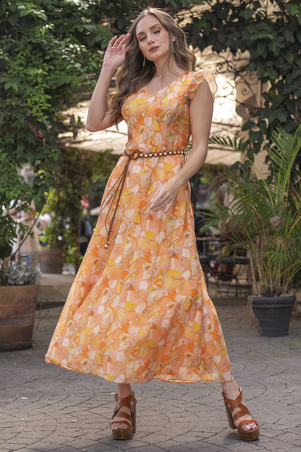 Vestido Largo Estampado Con Escote V