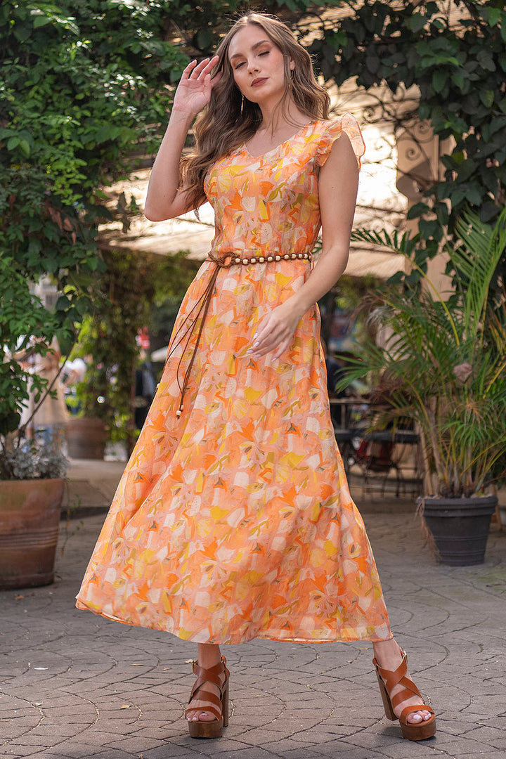 Vestido Largo Estampado Con Escote V