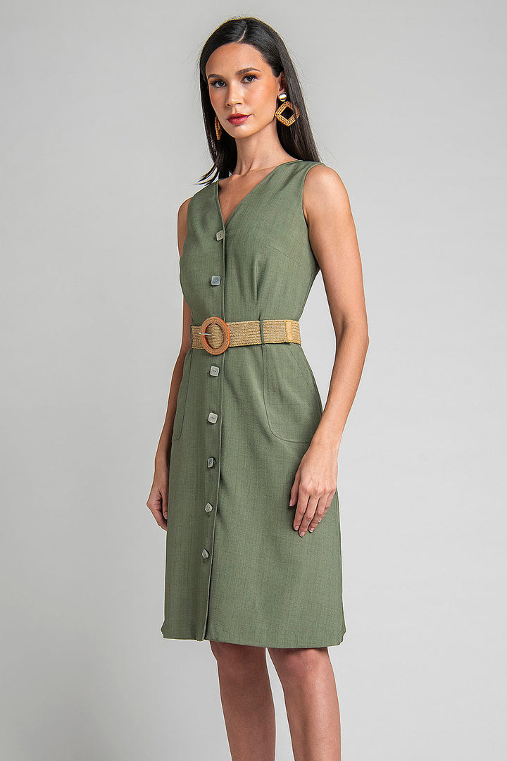 Vestido Liso Con Cuello V