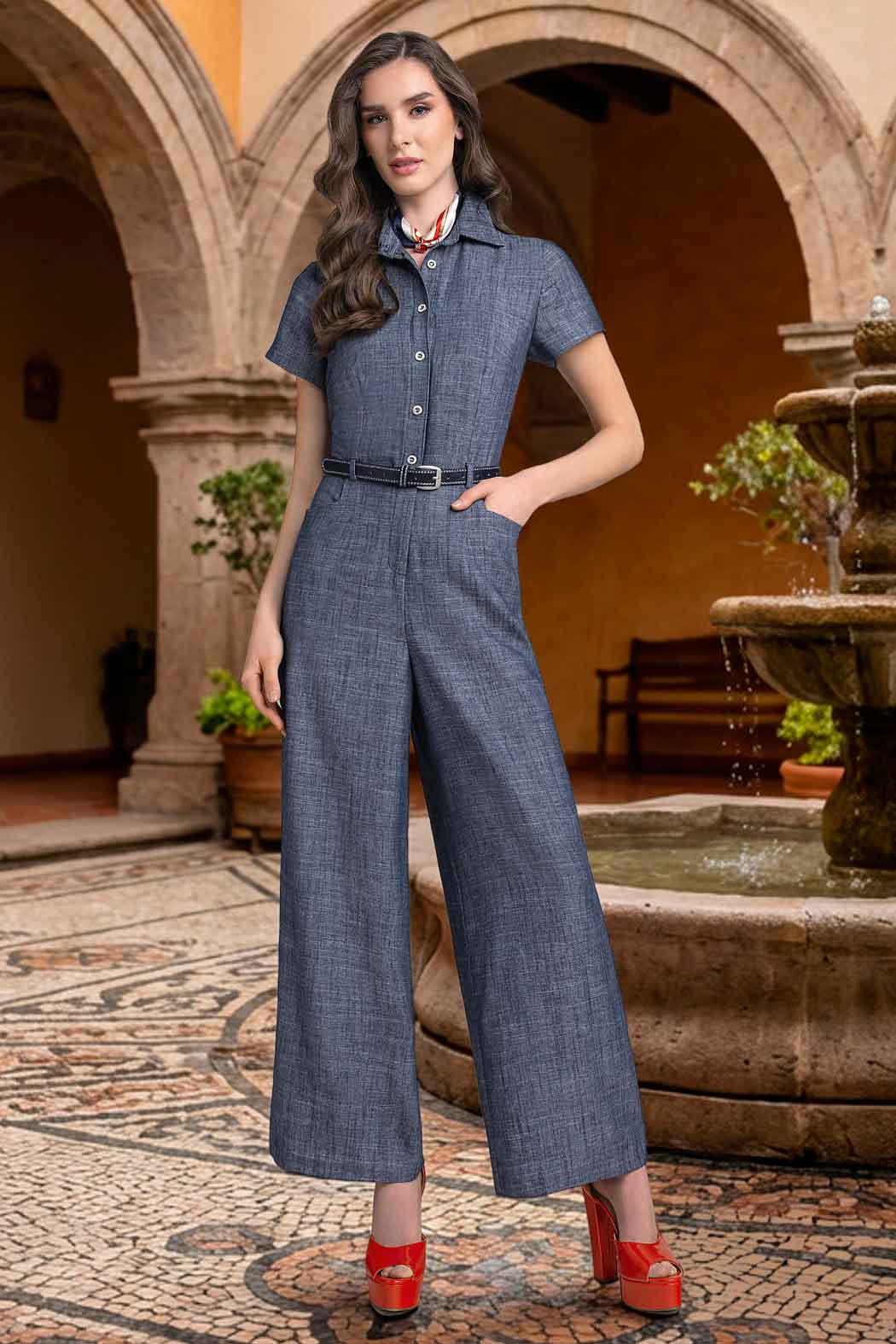 Jumpsuit Con Manga Corta Y Cinturon