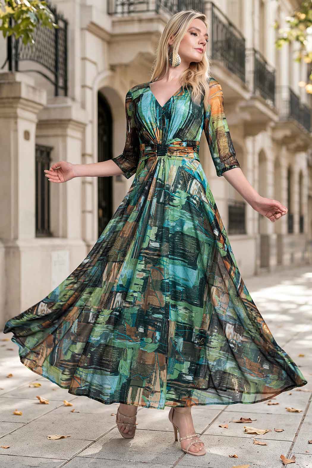 Maxi Vestido Con Manga 3/4 Estampado
