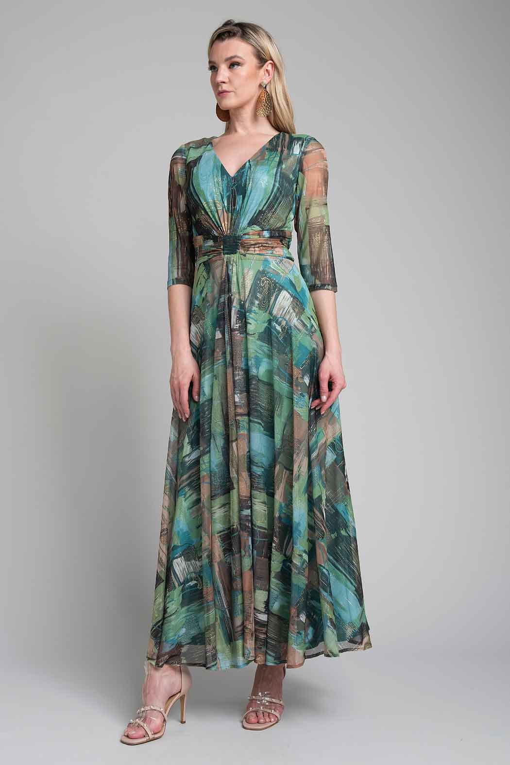 Maxi Vestido Con Manga 3/4 Estampado