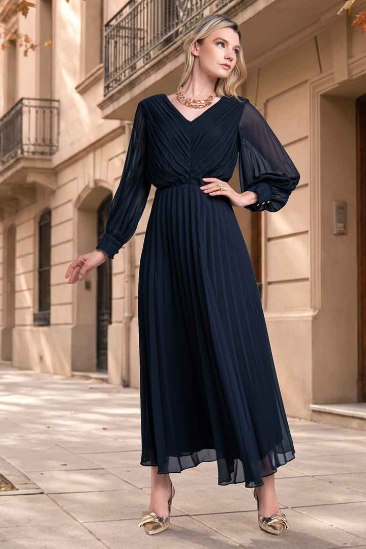 Maxi Vestido Plizado Con Manga Larga