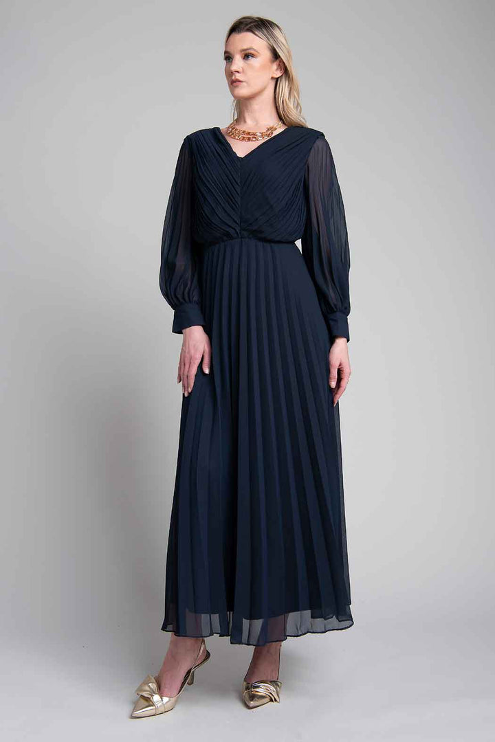 Maxi Vestido Plizado Con Manga Larga