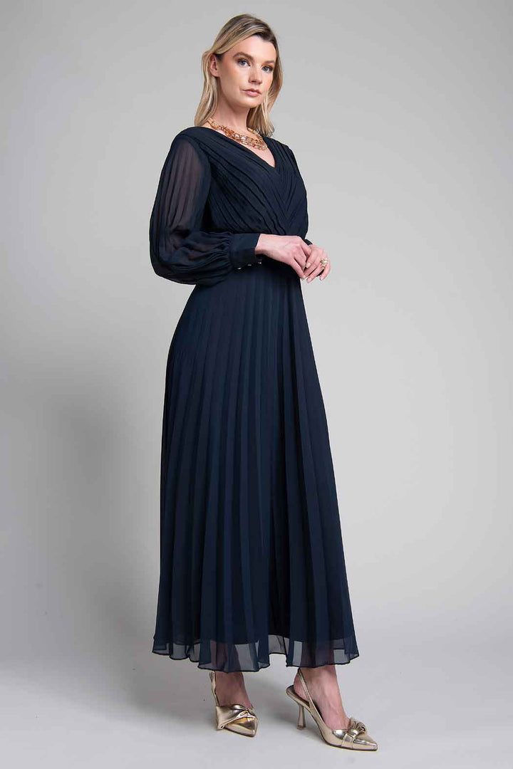 Maxi Vestido Plizado Con Manga Larga