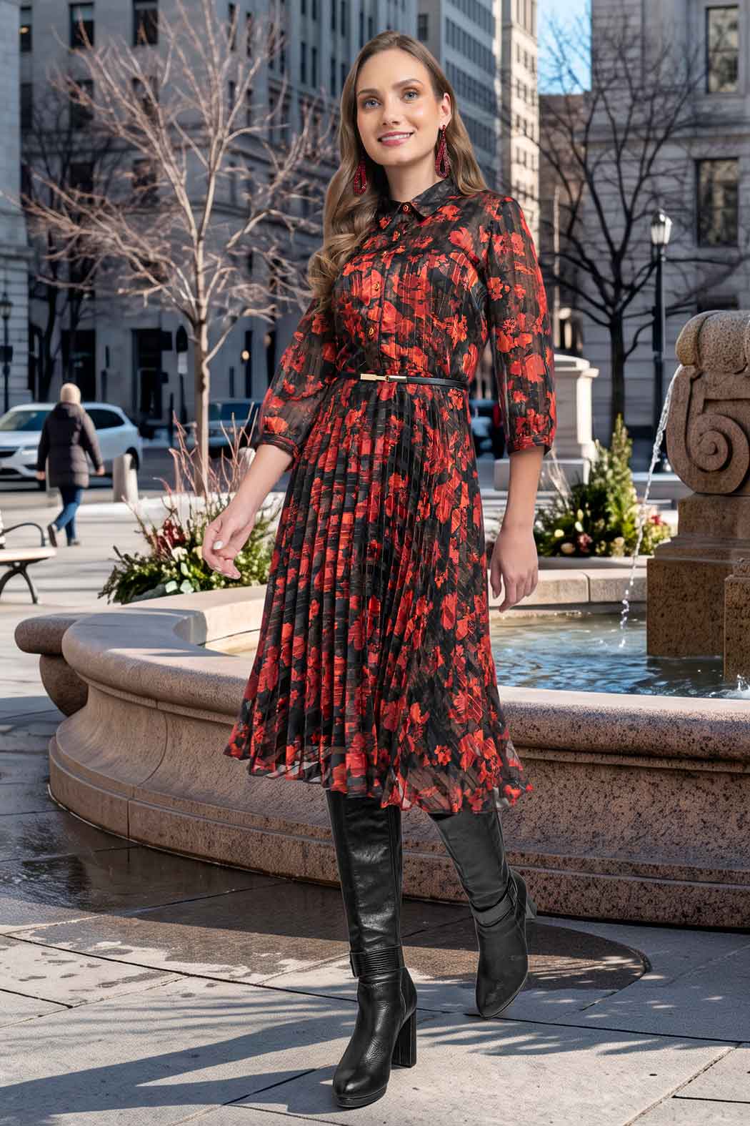 Vestido Con Cuello Sport Y Falda Plizada