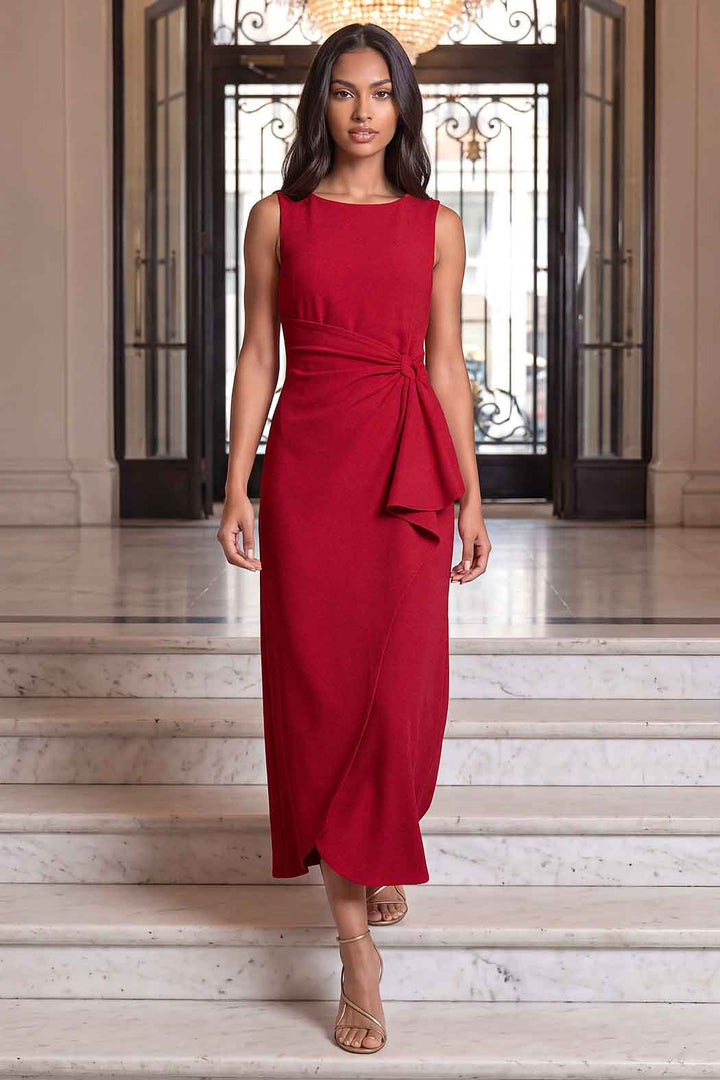 Vestido Liso Sin Mangas Y Drapeado En Cintura