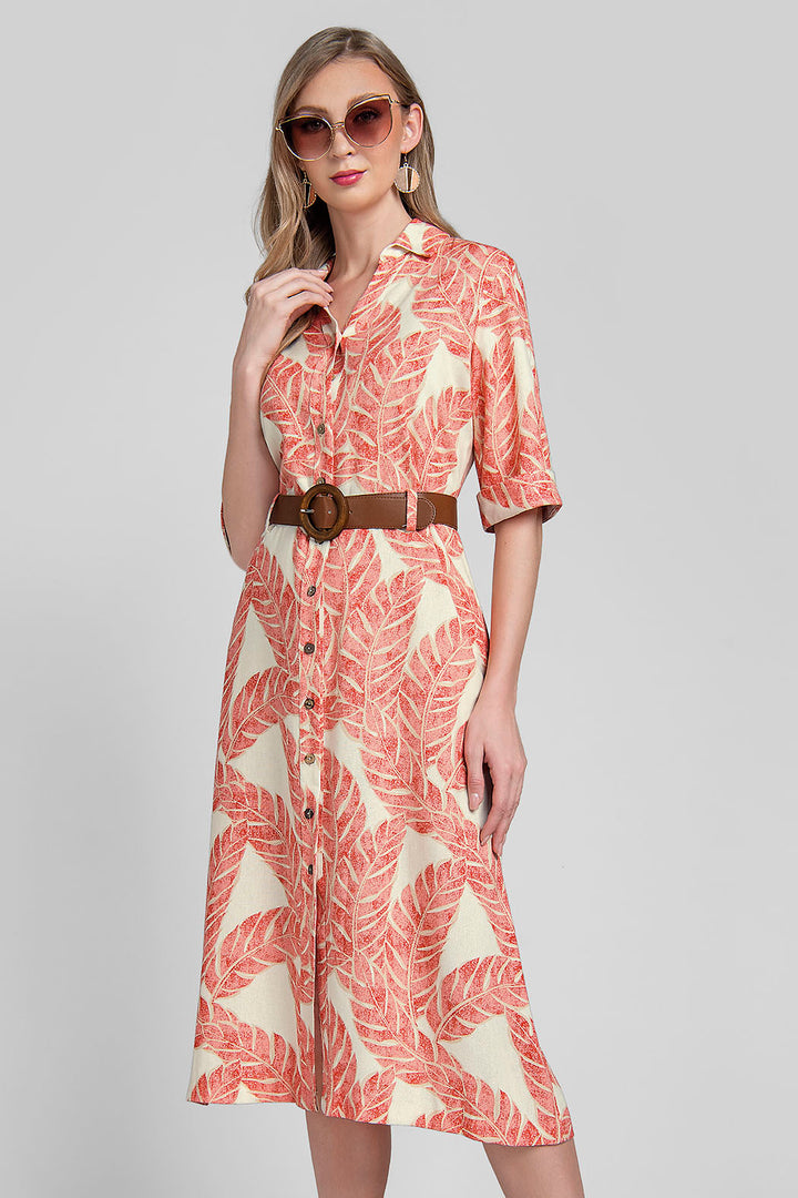 Vestido Camisero Con Estampado De Hojas