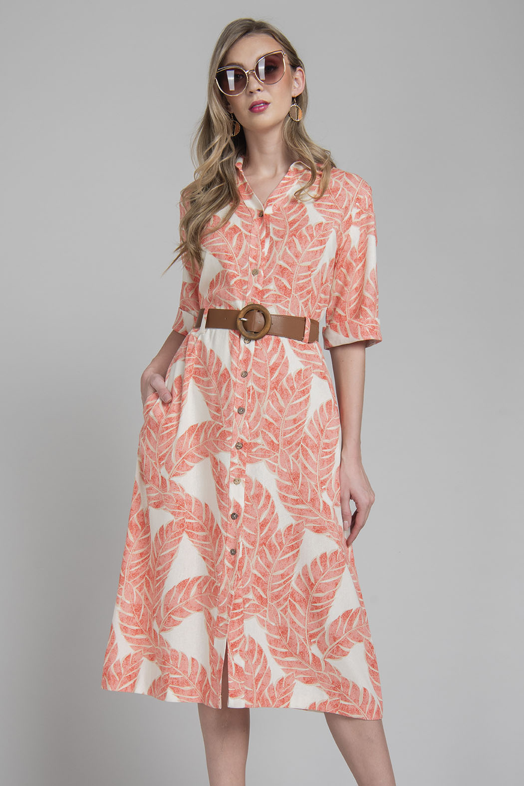 Vestido Camisero Con Estampado De Hojas