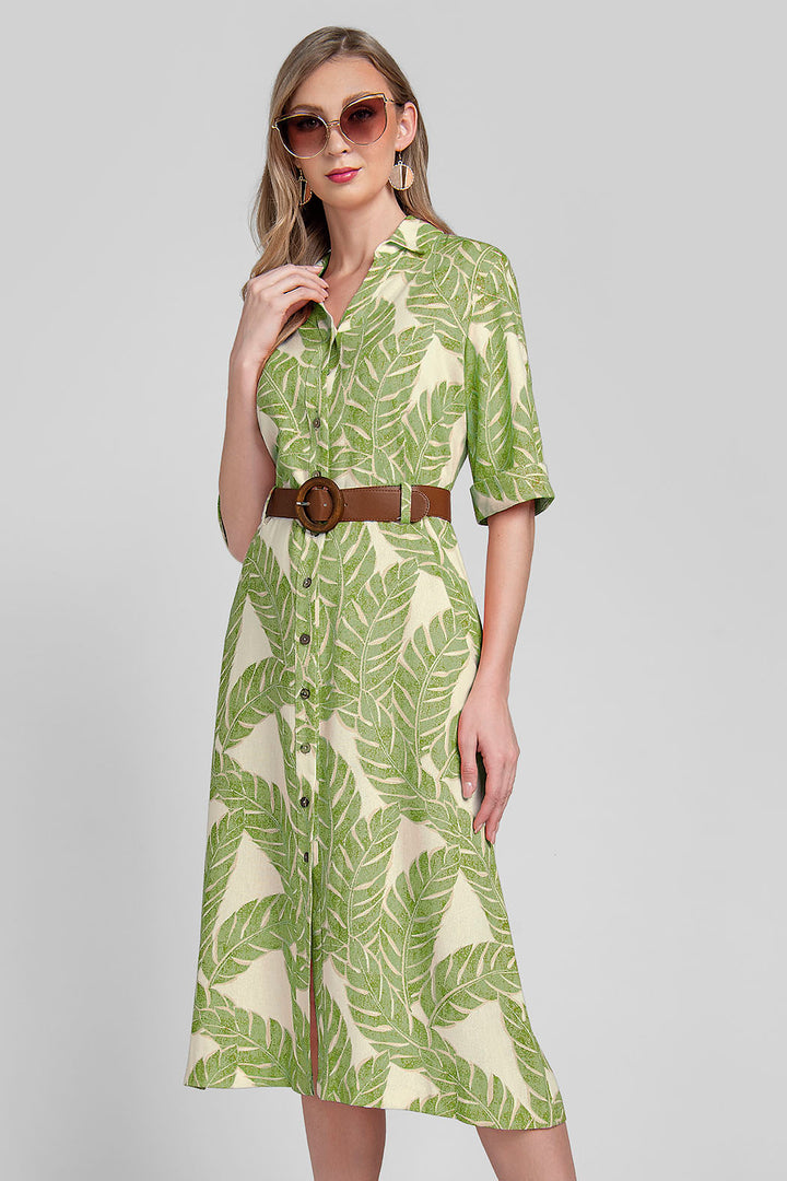 Vestido Camisero Con Estampado De Hojas