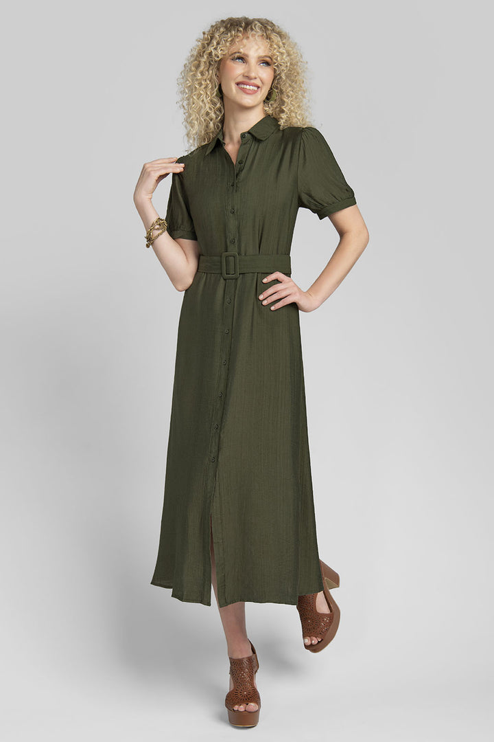 Vestido Largo Liso Camisero Con Cinturon Y Manga Corta