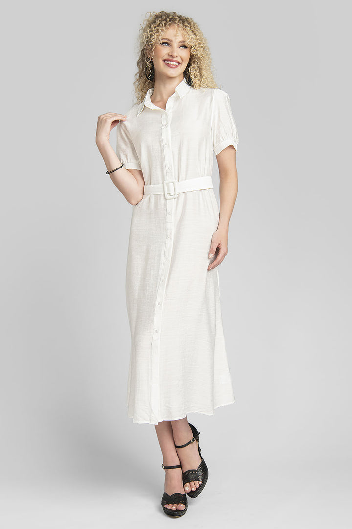 Vestido Largo Liso Camisero Con Cinturon Y Manga Corta