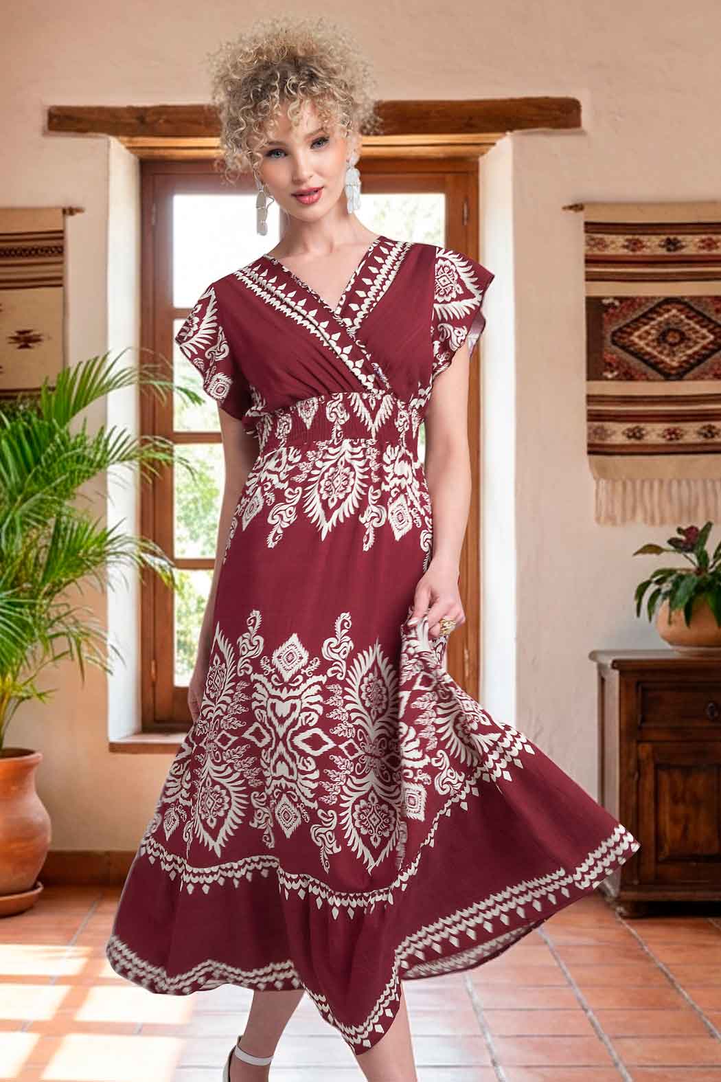 Vestido Estampado Con Manga Corta