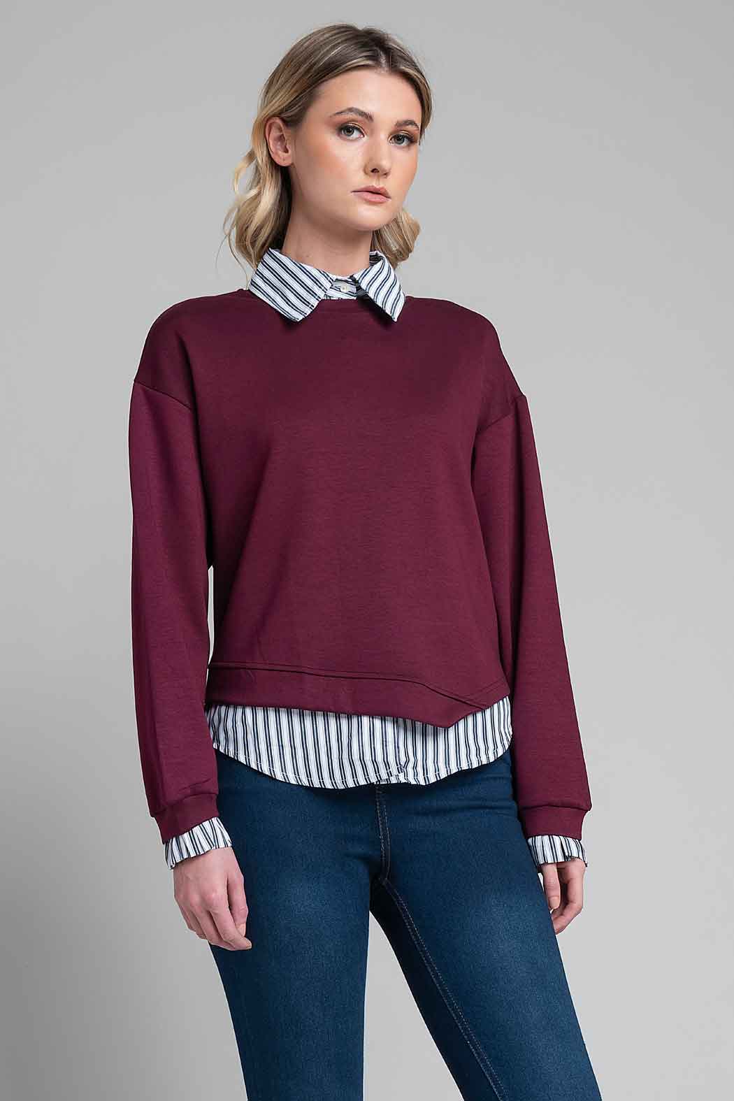 Sueter Liso Con Camisa Integrada De Rayas