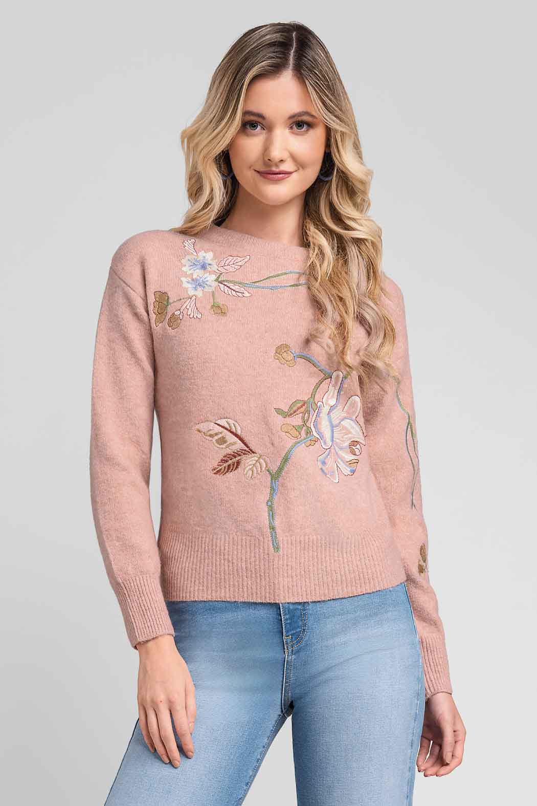Suéter De Cuello Redondo De Punto Con Estampado Floral