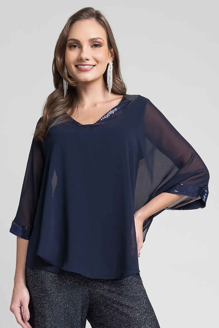 Blusa Con Escote En V Y Adorno De Lentejuela En Escote Y Puños