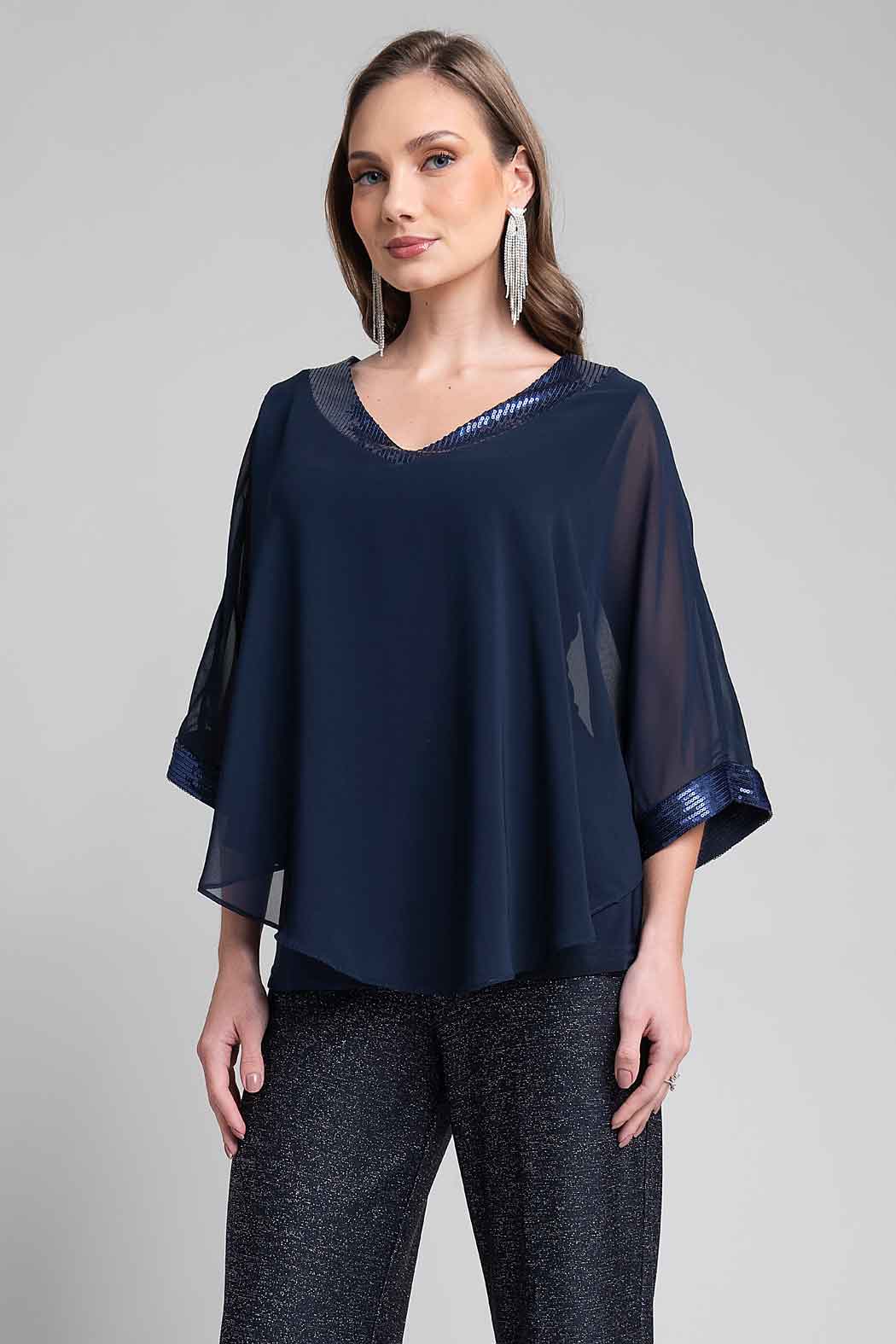 Blusa Con Escote En V Y Adorno De Lentejuela En Escote Y Puños