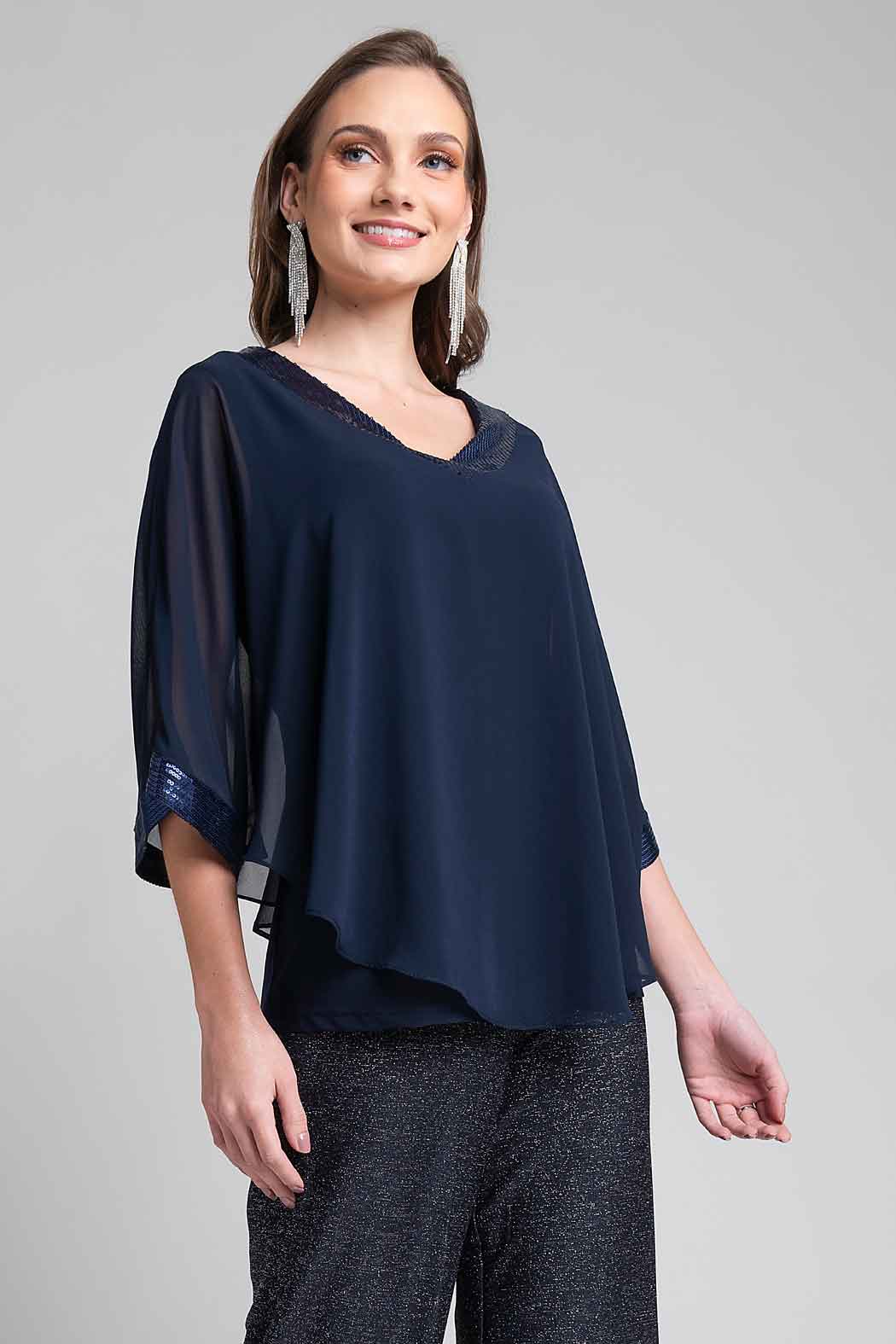 Blusa Con Escote En V Y Adorno De Lentejuela En Escote Y Puños