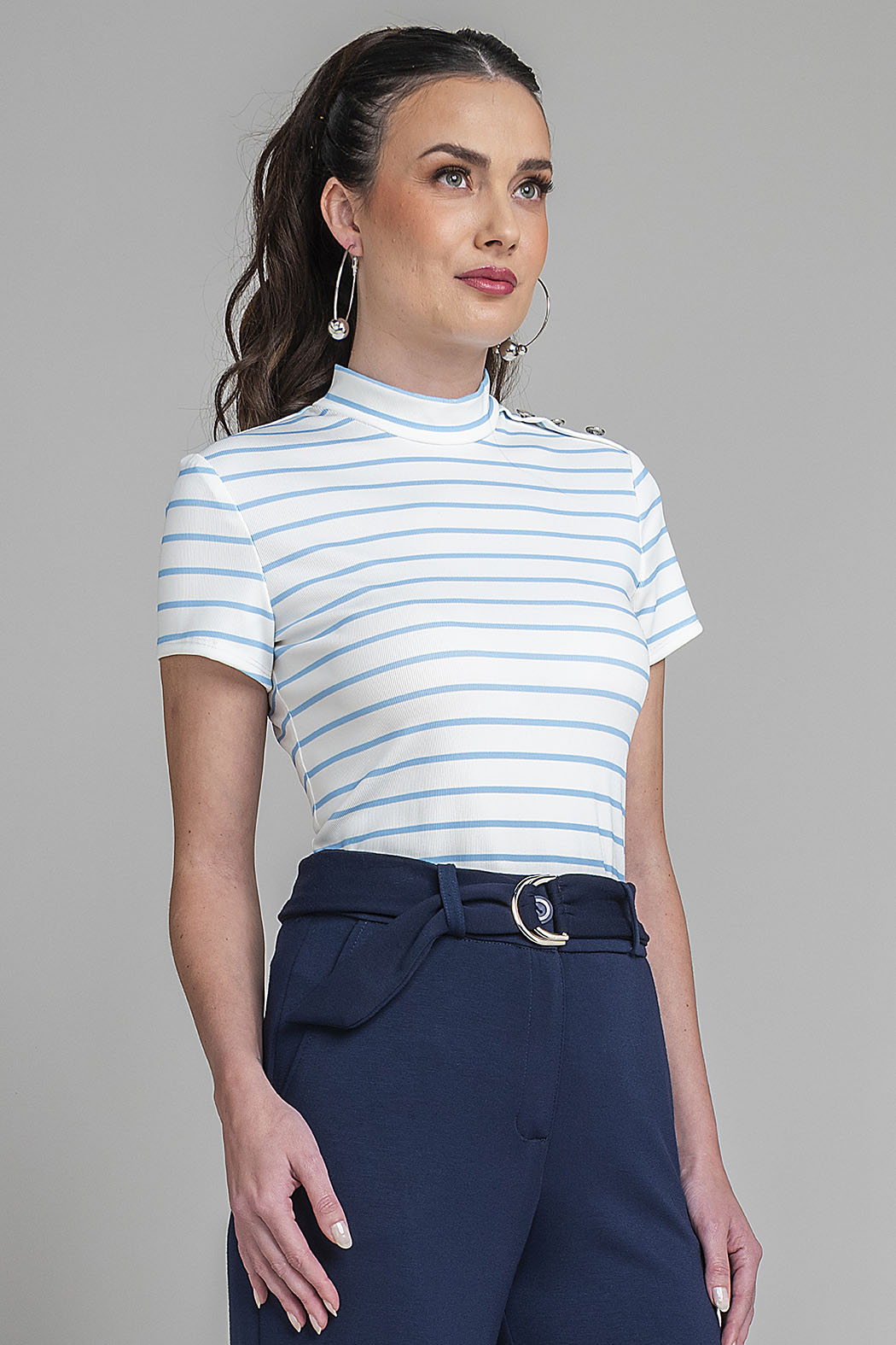 Blusa De Manga Corta Y Estampado De Rayas