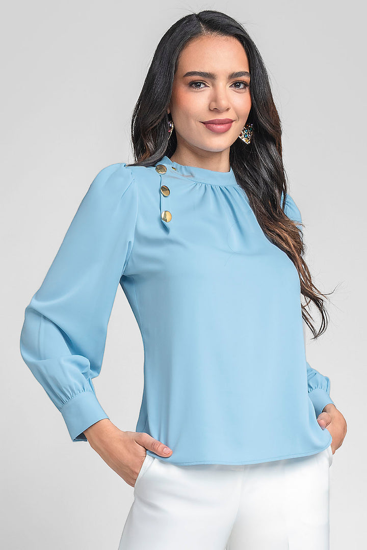 Blusa Lisa De Manga Larga Con Botones En Hombro