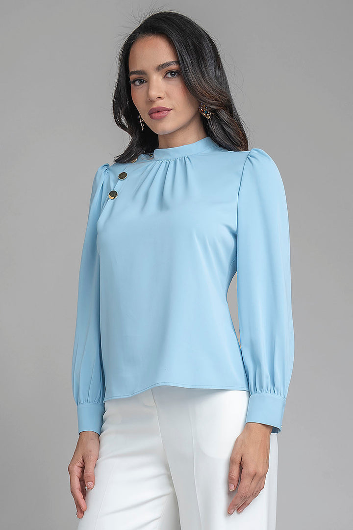 Blusa Lisa De Manga Larga Con Botones En Hombro