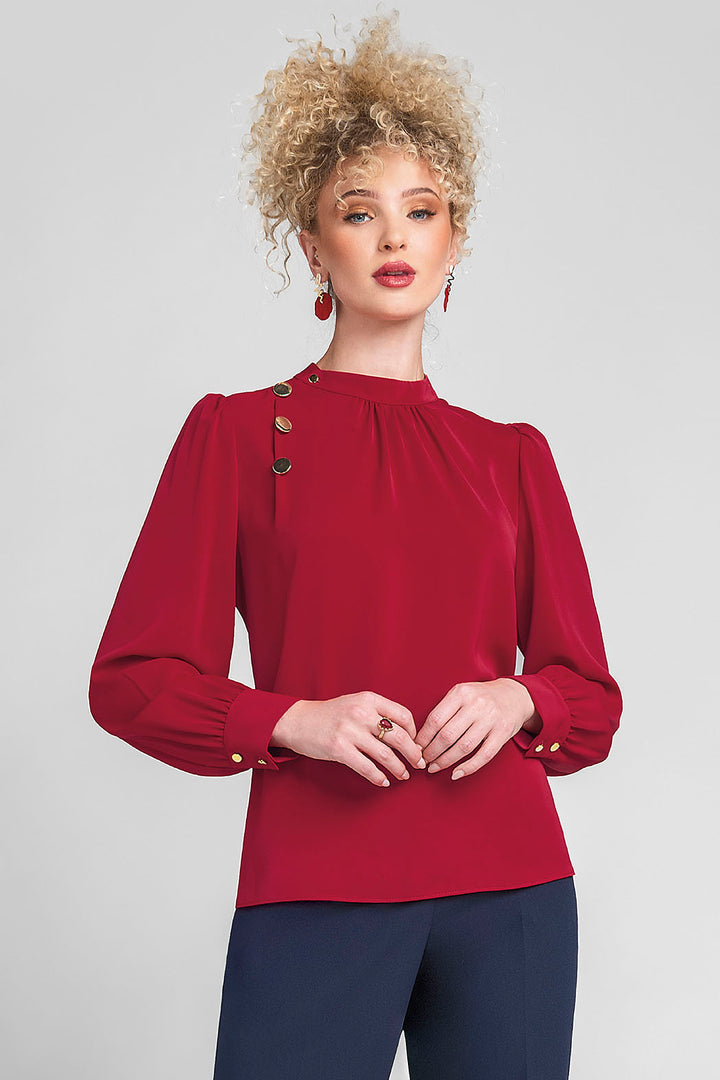 Blusa Lisa De Manga Larga Con Botones En Hombro