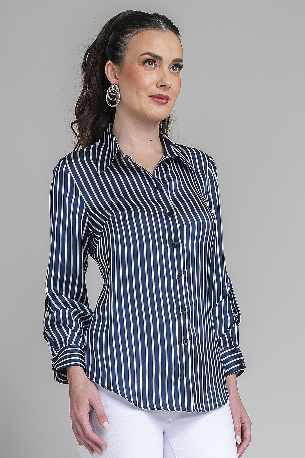 Blusa Camisera De Satin Con Rayas