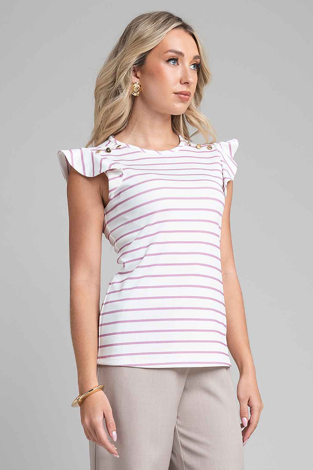 Blusa De Rayas Con Cuello Redondo
