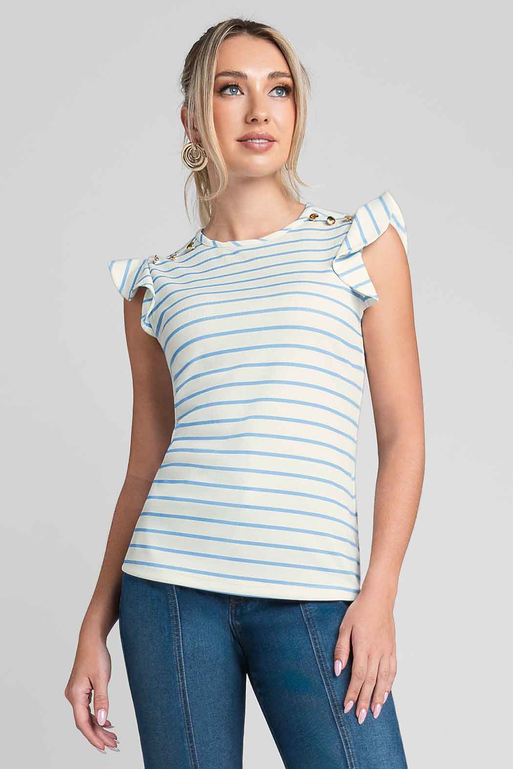 Blusa De Rayas Con Cuello Redondo