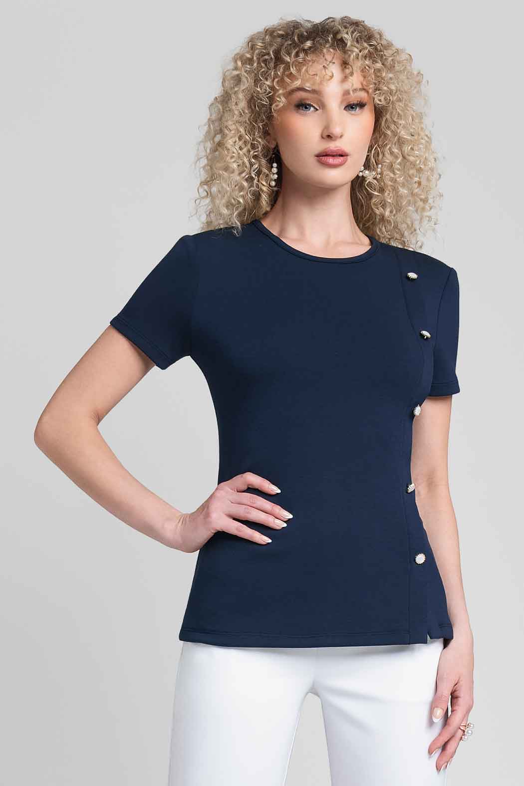 Blusa De Manga Corta Con Bonotes Laterales
