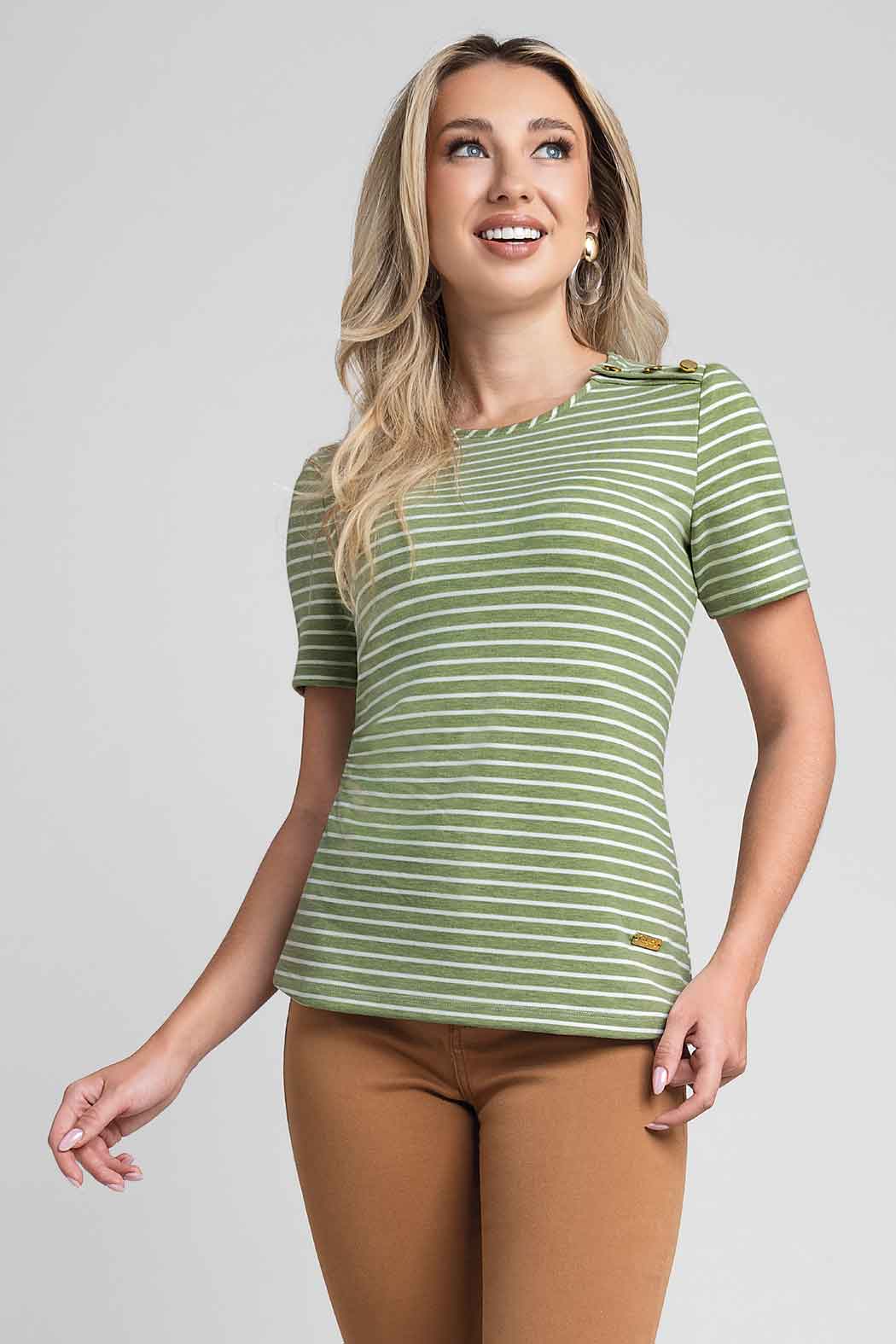 Blusa Estampado De Rayas Y Botones En Hombro