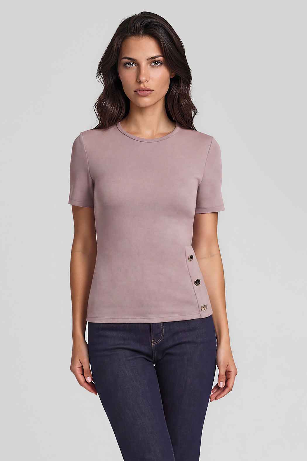 Blusa Con Manga Corta Y Botones Dorados En Lateral