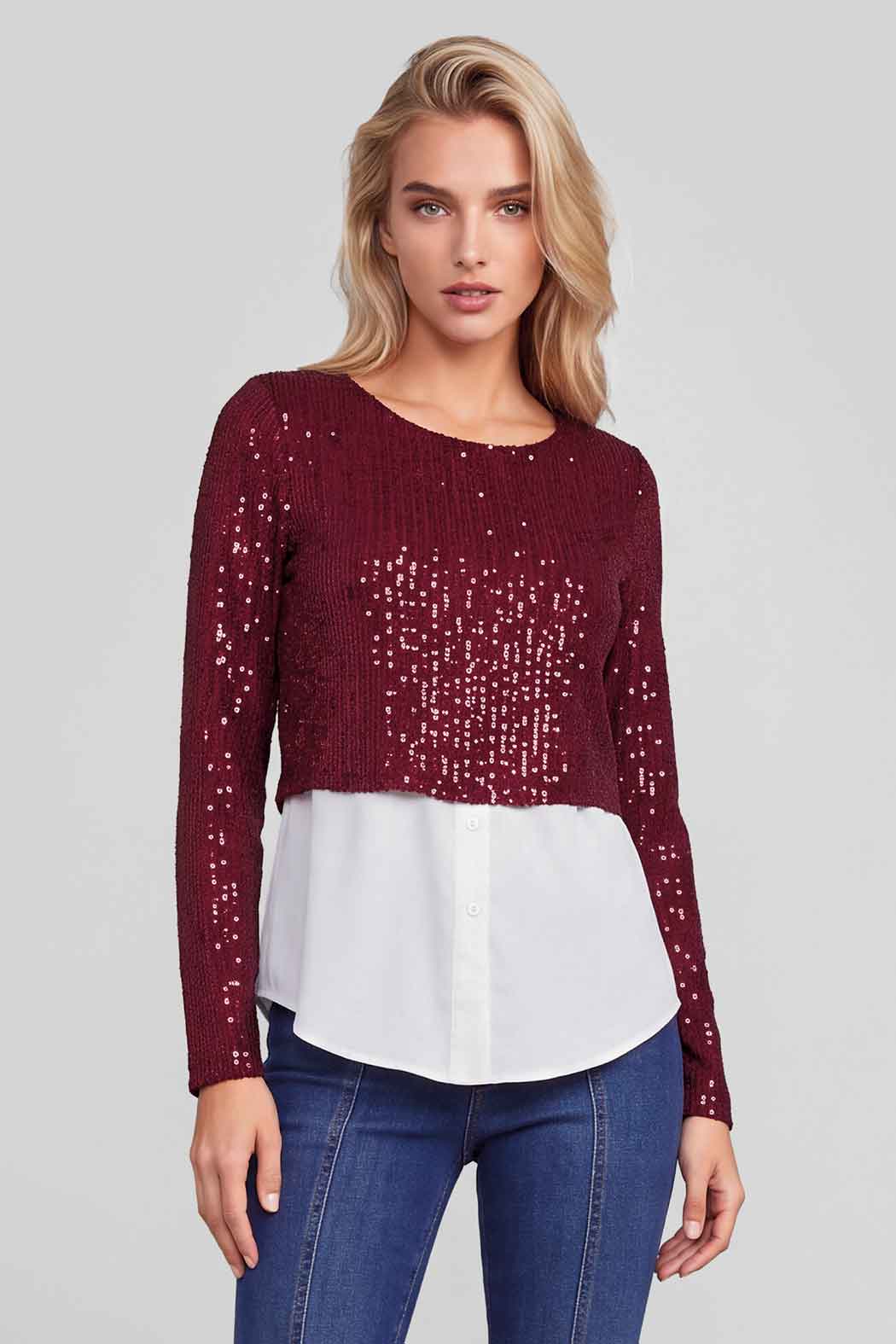 Blusa Con Lentejuelas Y Cuello Camisero