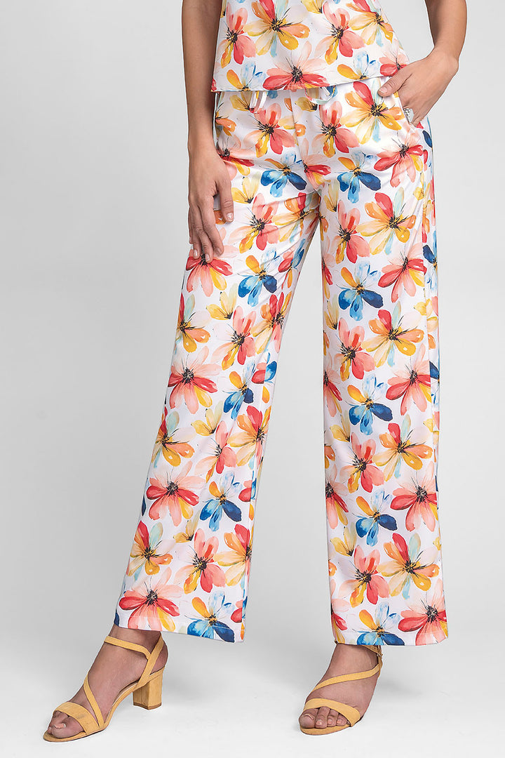 Pantalon Corte Recto Con Estampado De Flores