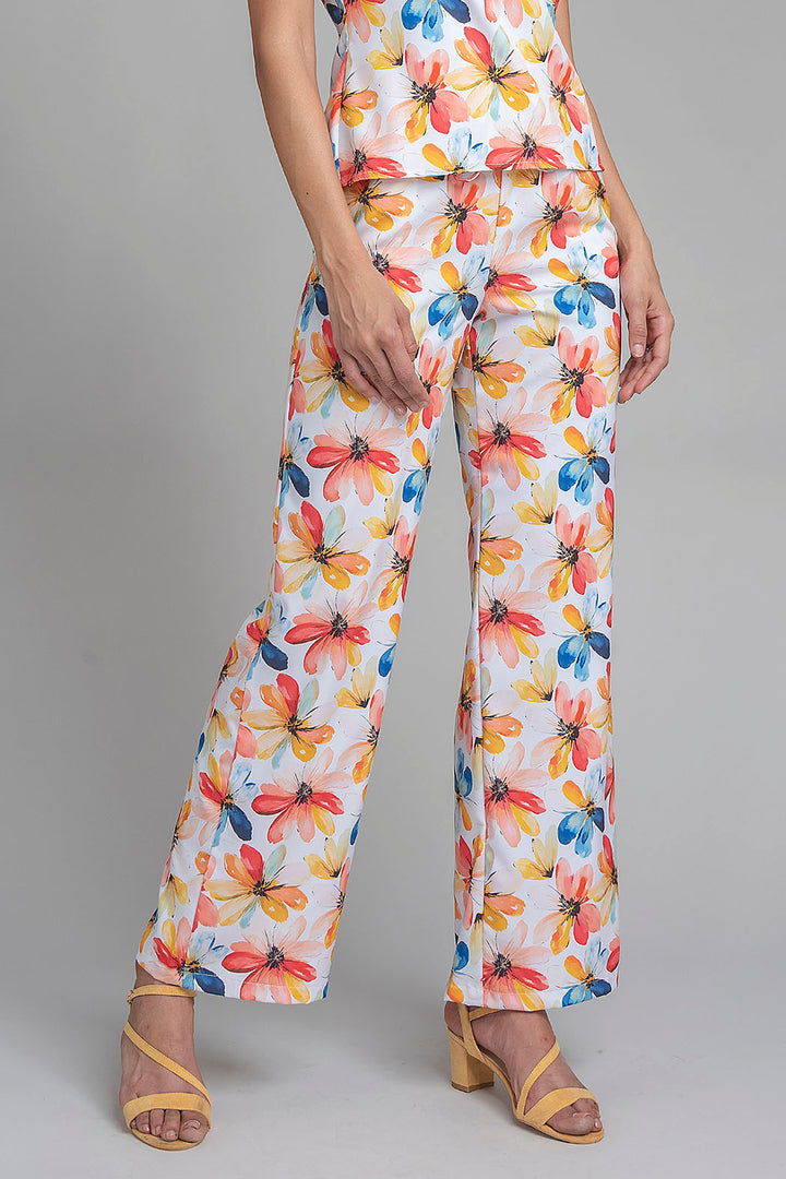 Pantalon Corte Recto Con Estampado De Flores