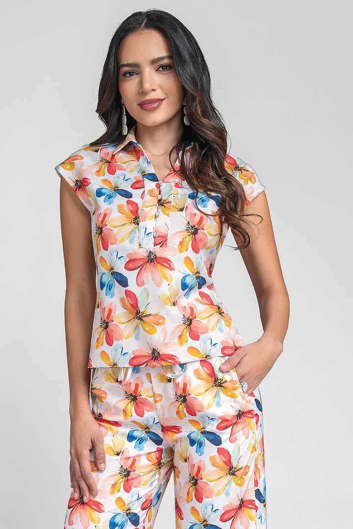 Blusa De Manga Corta Con Estampado De Flores