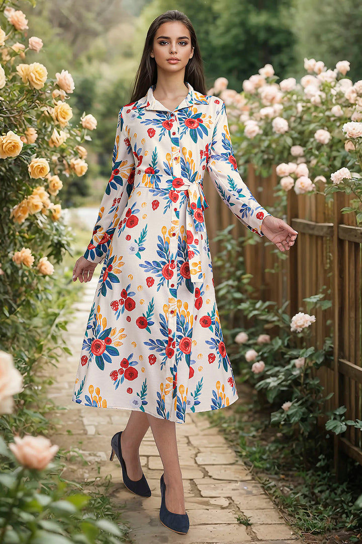 Vestido Camisero Estampado Con Manga Larga