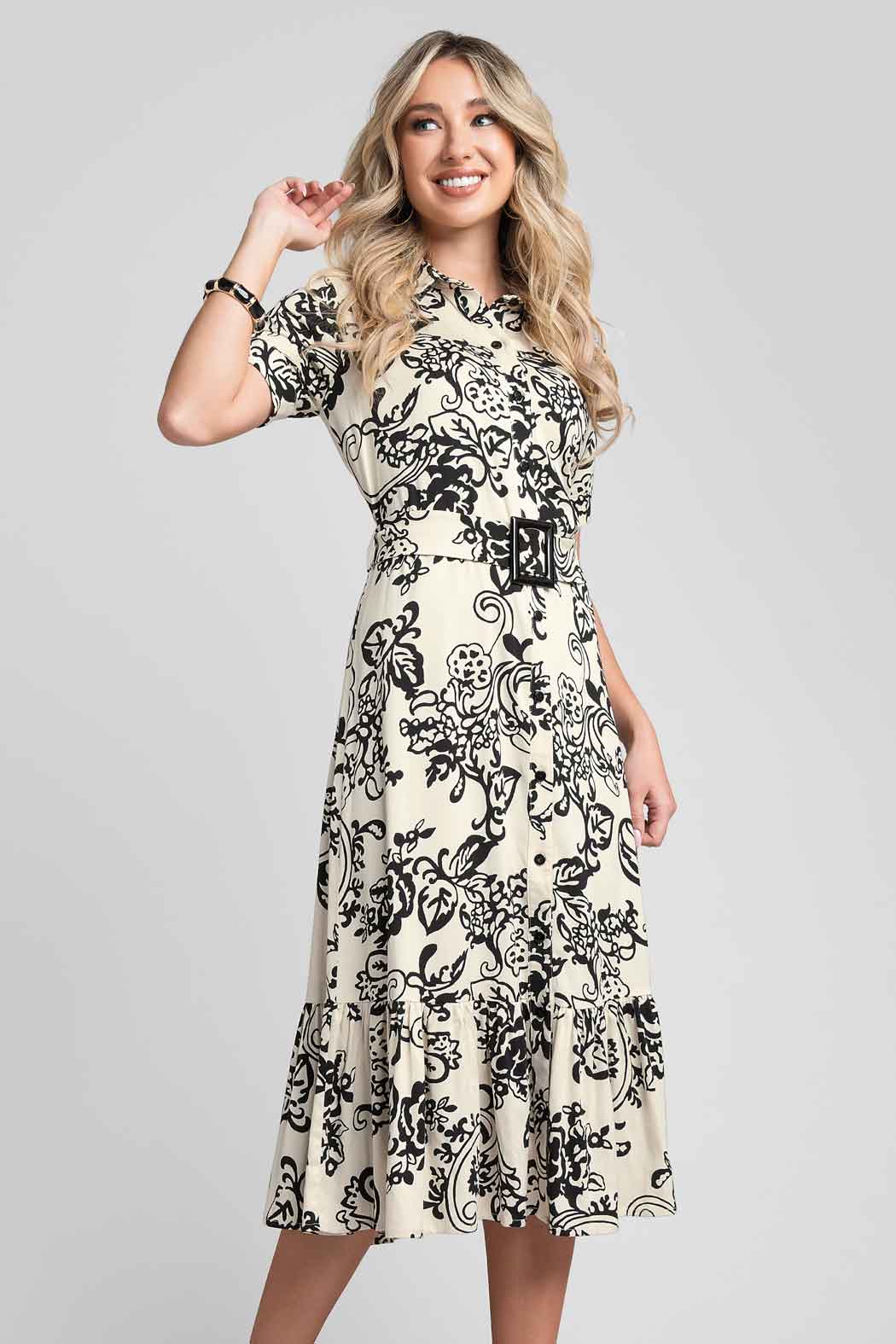 Vestido Largo Estampado Con Cinturon