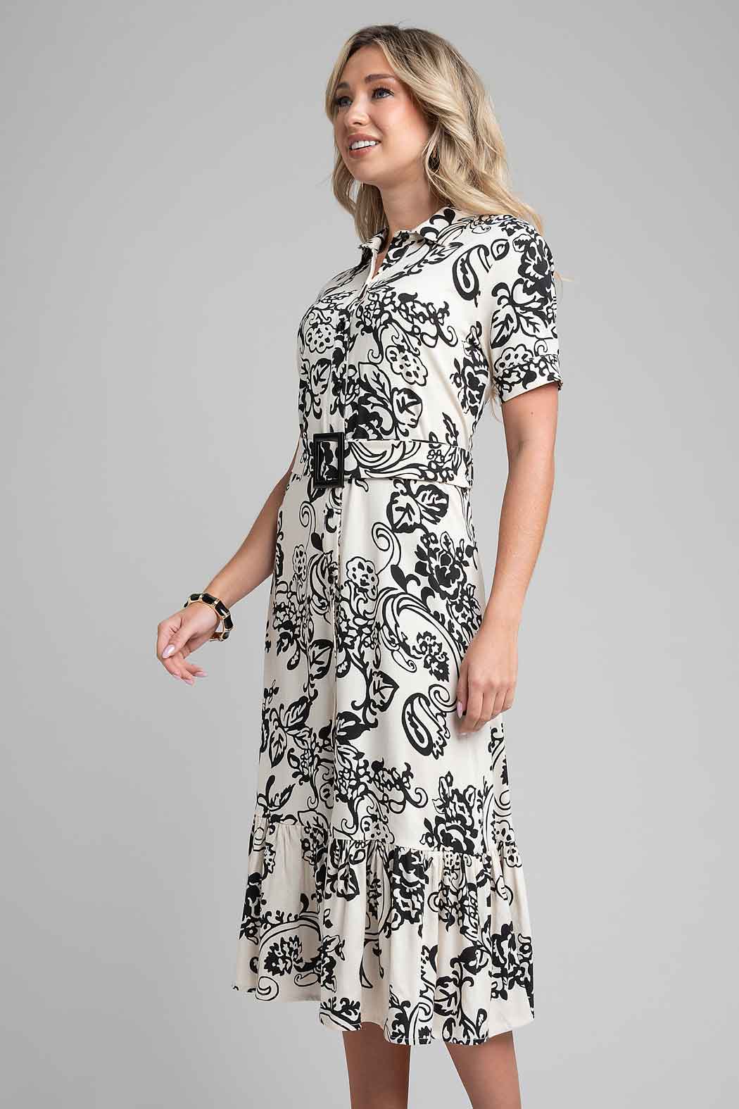 Vestido Largo Estampado Con Cinturon